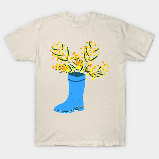 Rubber boots Wellies blue Wellington boots and mimosa flower T-Shirt by Cute-Design